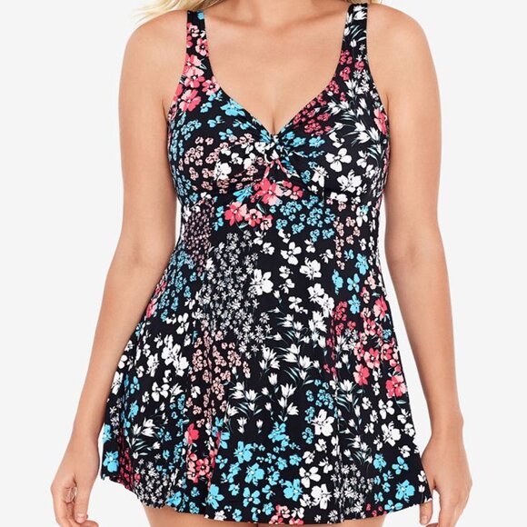NWT! Swim Solutions Multi Color Floral One Piece Swimdress Swimsuit NEW! - Picture 1 of 2